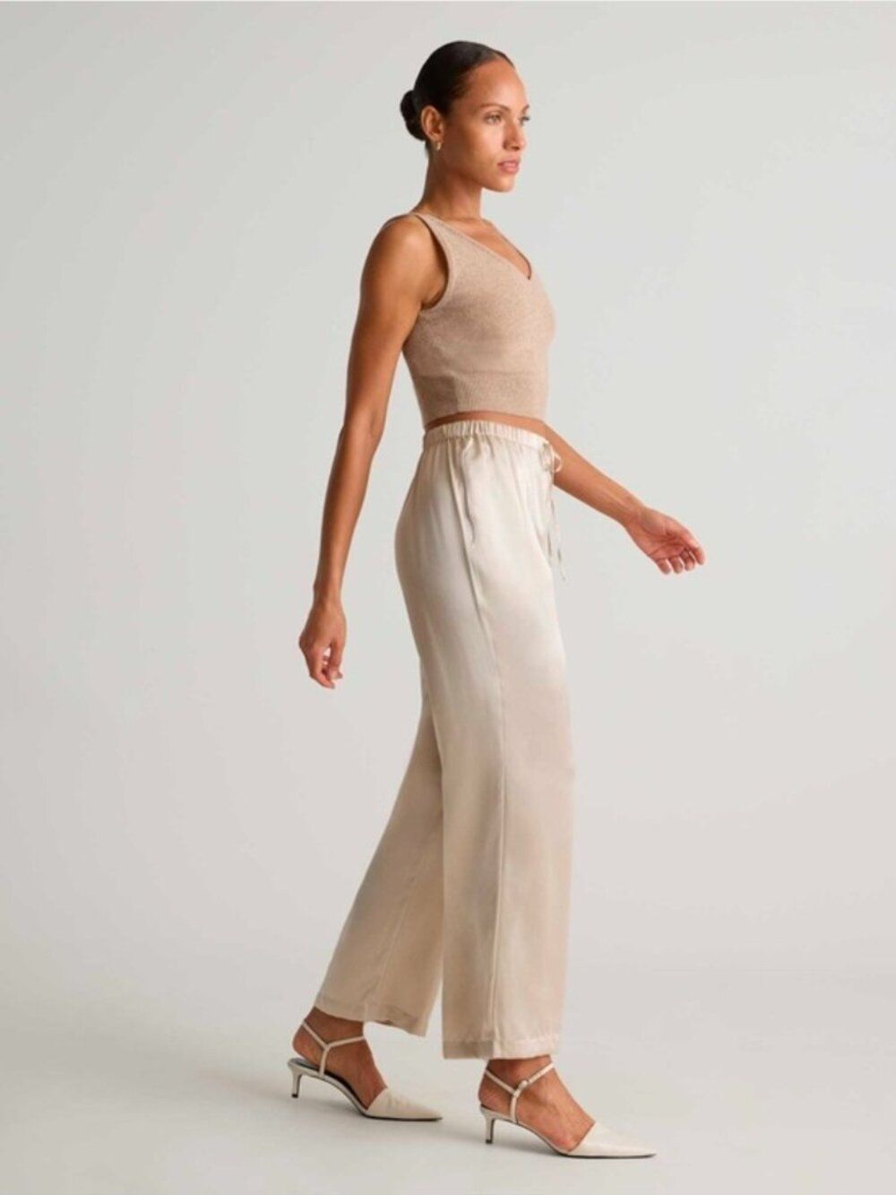 QUINCE 100% Washable Silk Drawstring Wide Leg Champagne Pantd Size Small